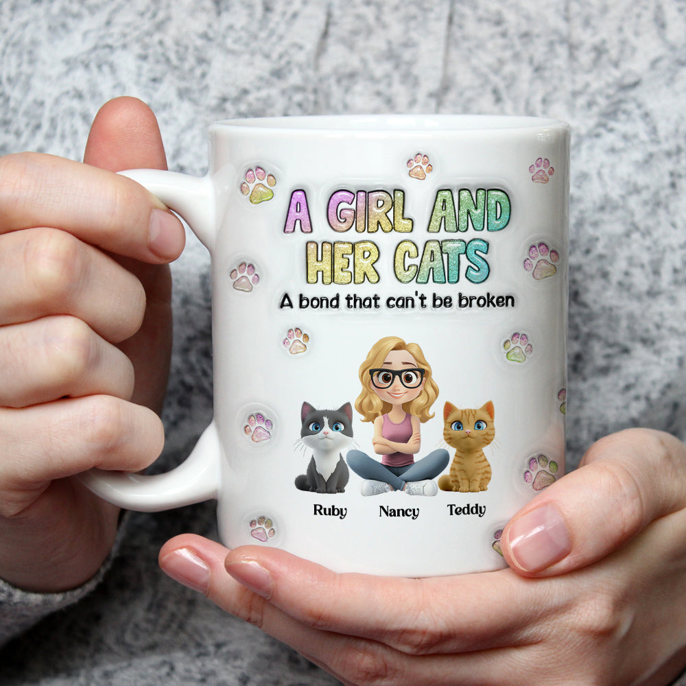 Personalized 3D Inflated Effect Mug: A Girl And Her Cat Design