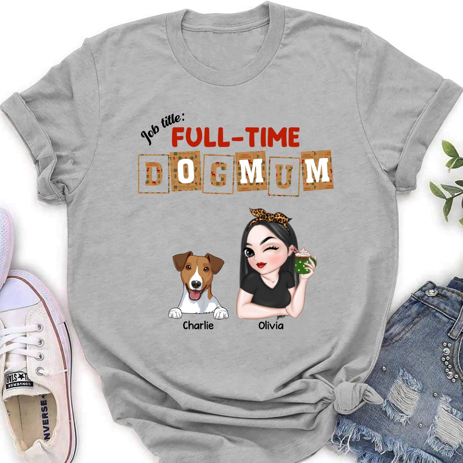 Personalized Full - Time Dog Mom & Dad Christmas Women's T - shirt