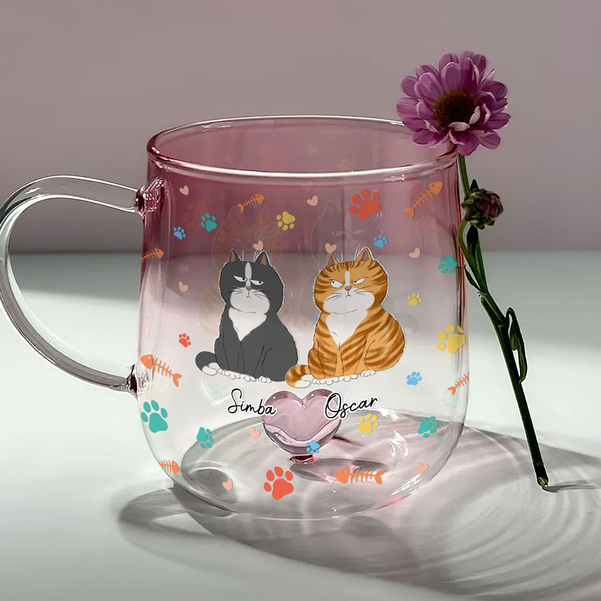Personalized Pink Gradient Glass Mug for Cat Lovers