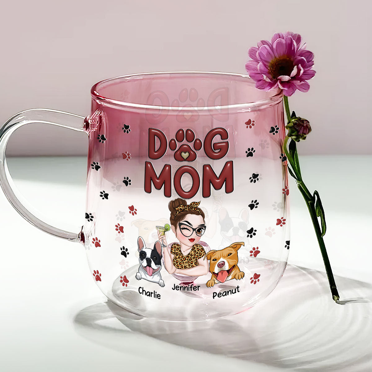 Personalized Pink Gradient Glass Mug for Loving Dog Moms