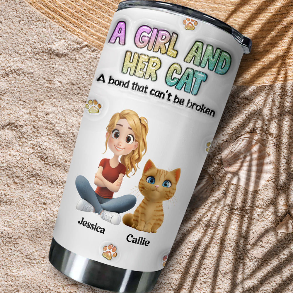 Personalized 3D Inflated Effect Tumbler: A Girl And Her Cat Design