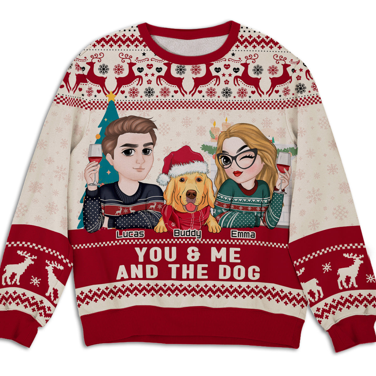 Personalized Custom All-Over-Print Couple and Dog Sweatshirt - Ideal Gift for Pet Lovers