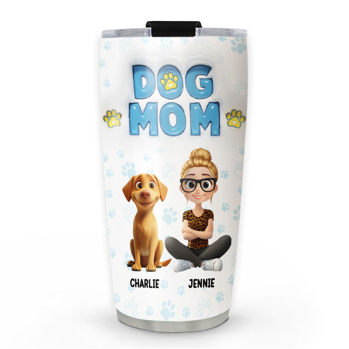 Personalized 3D Inflated Effect Girl And Dog Cartoon Style Tumbler