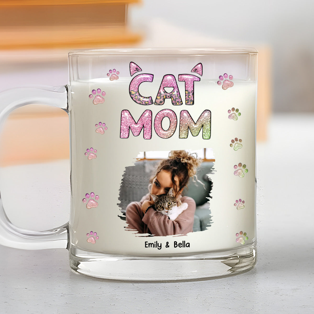 Personalized 3D Inflated Effect Glass Mug - Cat Mom Lovely Chibi Version Photo