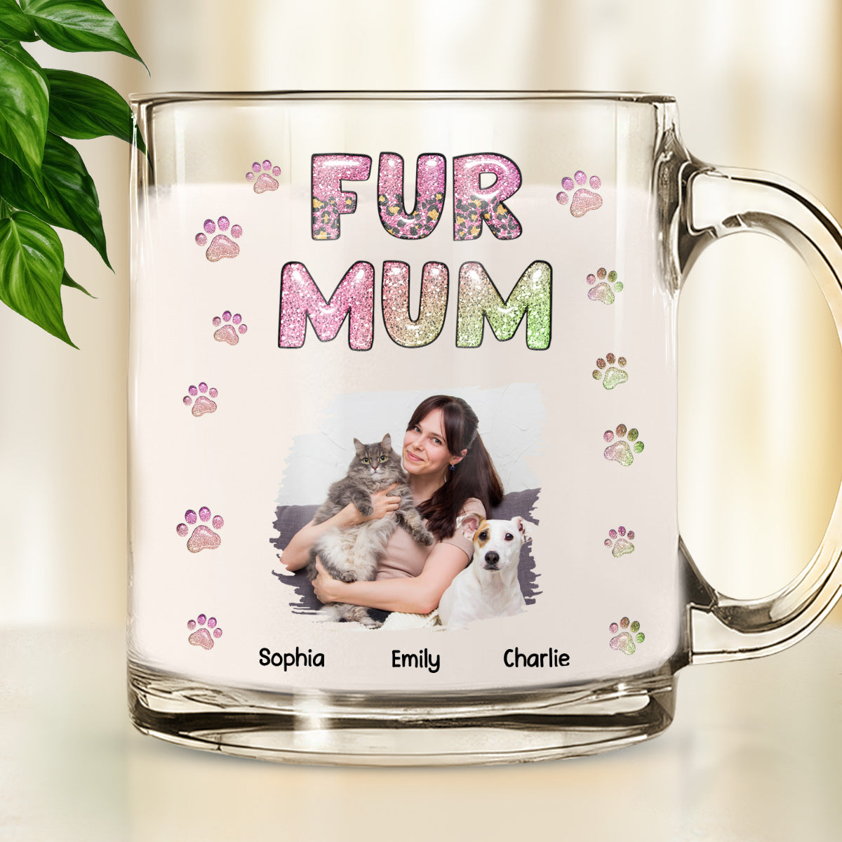 Personalized 3D Inflated Effect Glass Mug - Fur Mom Lovely Chibi Version Photo