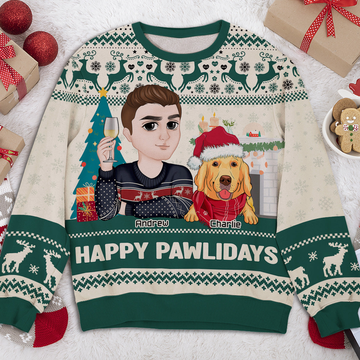 Personalized Happy Pawlidays Sweatshirt for Fur Moms - All-Over Print Design