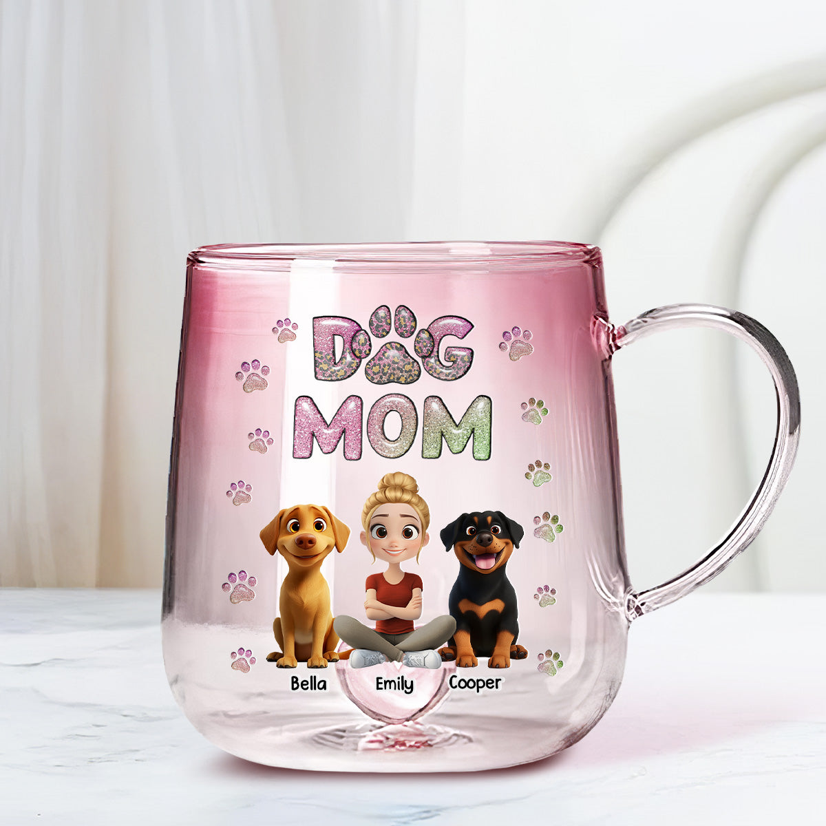 Personalized Dog Mom Chibi Pink Gradient Glass Mug - A Lovely Gift