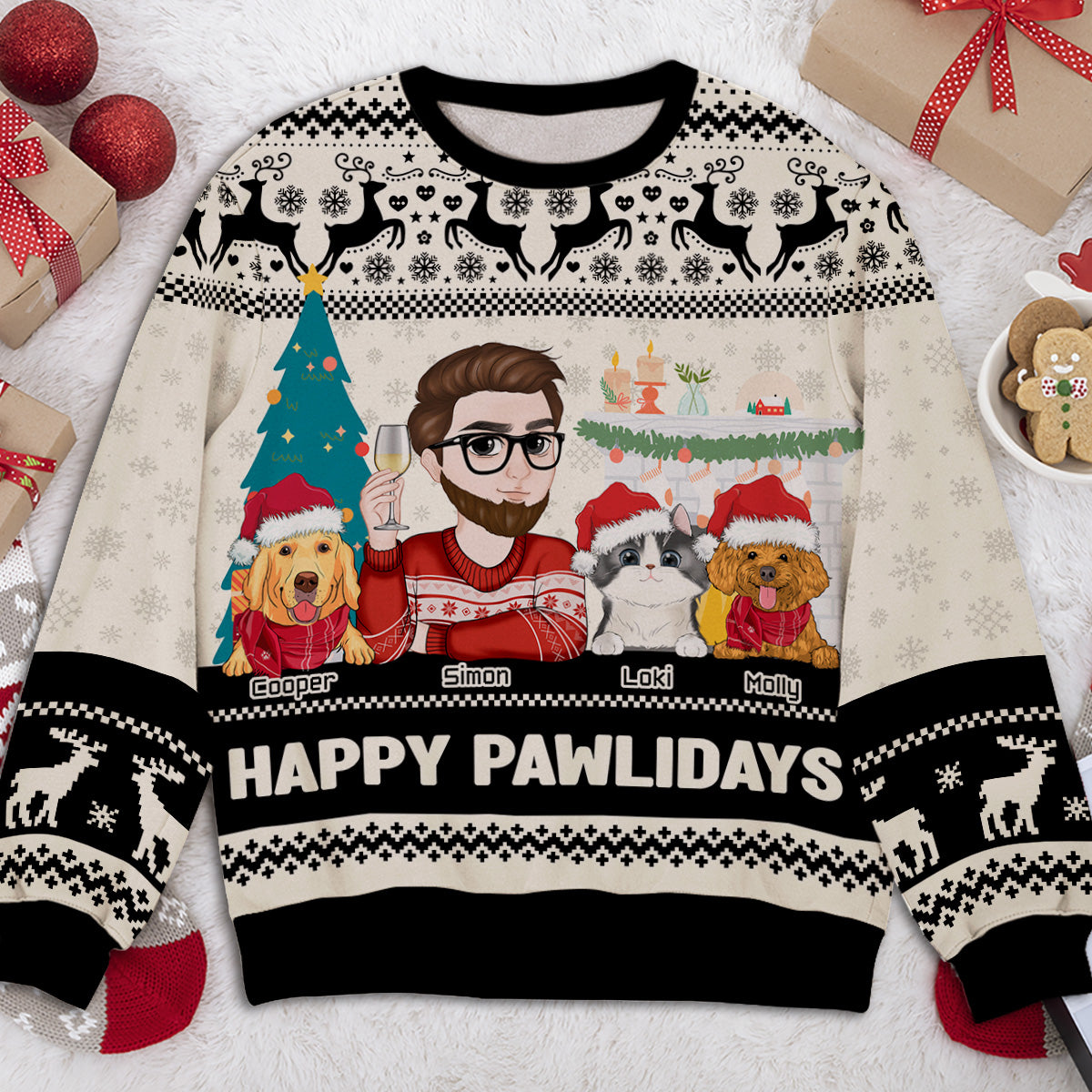 Personalized Happy Pawlidays Sweatshirt for Fur Moms - All-Over Print Design