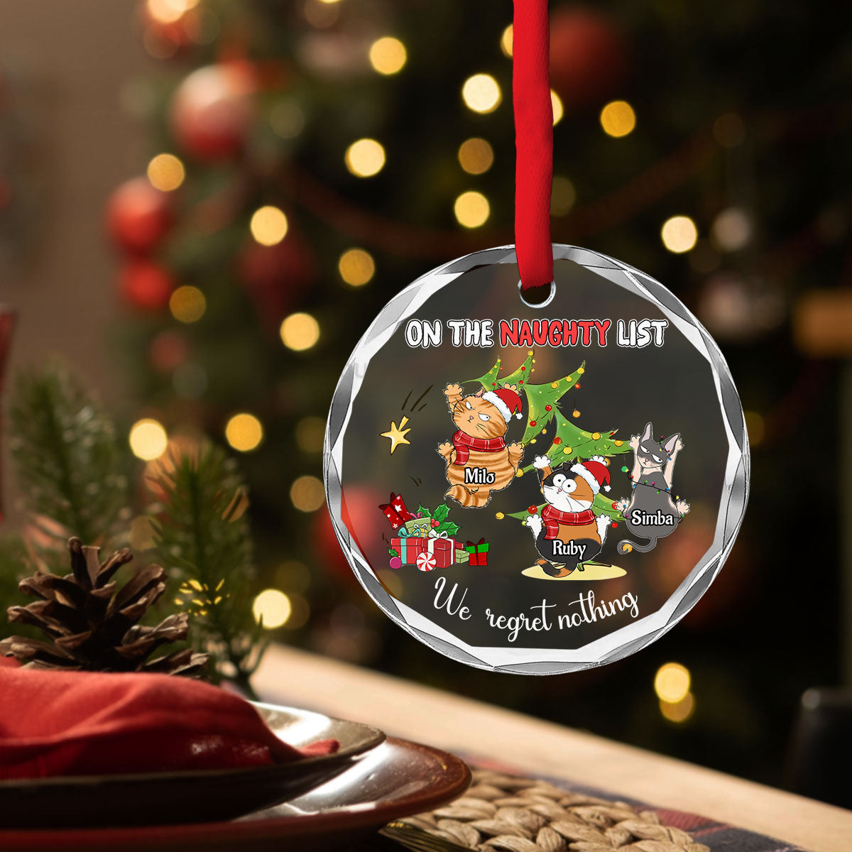 Customizable Naughty Cats Christmas Glass Ornament - Perfect Personalized Gift