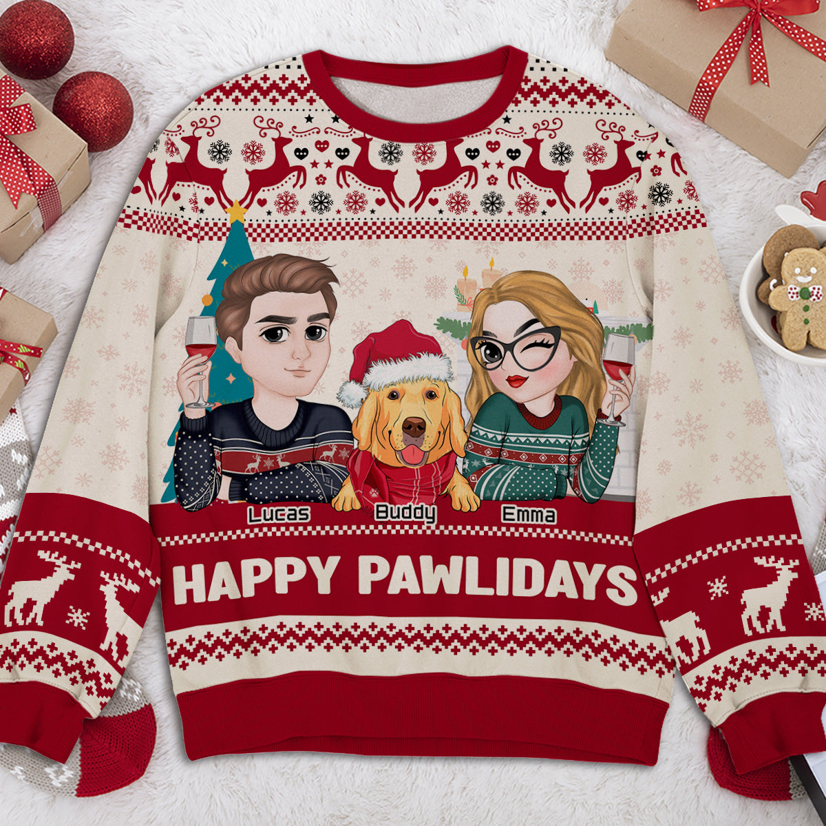 Happy Pawlidays Personalized Custom All-Over-Print Sweatshirt for Dog Parents
