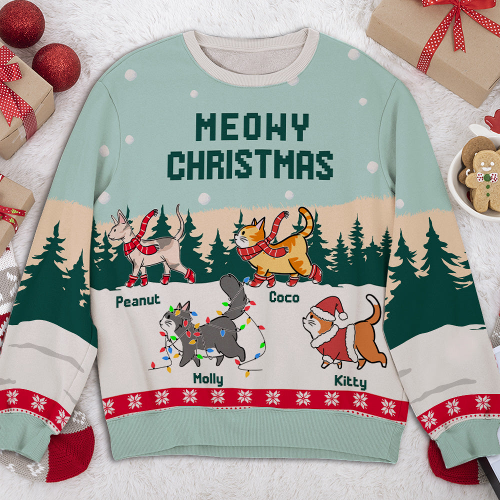 Meowy Christmas Personalized All-Over Print Cat Sweatshirt - Ideal Gift for Pet Lovers