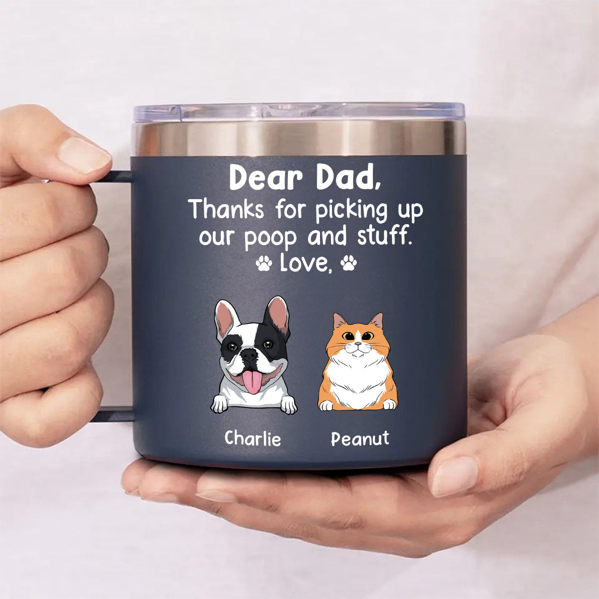 Personalized 14oz Stainless Steel Tumbler with Handle: A Tribute to Your Human Servant