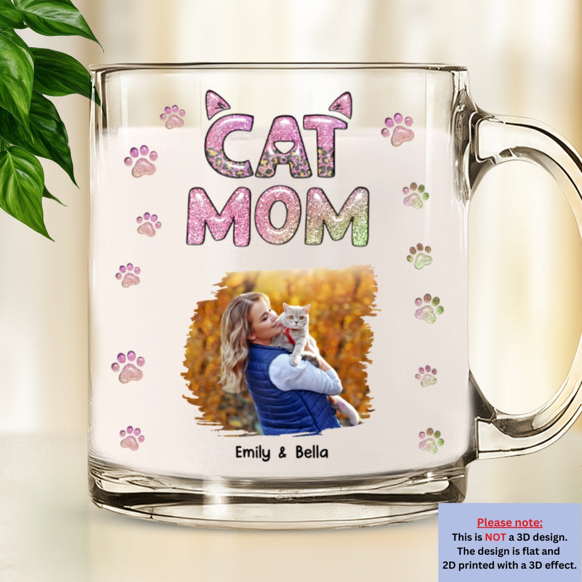 Personalized 3D Inflated Effect Glass Mug - Cat Mom Lovely Chibi Version Photo