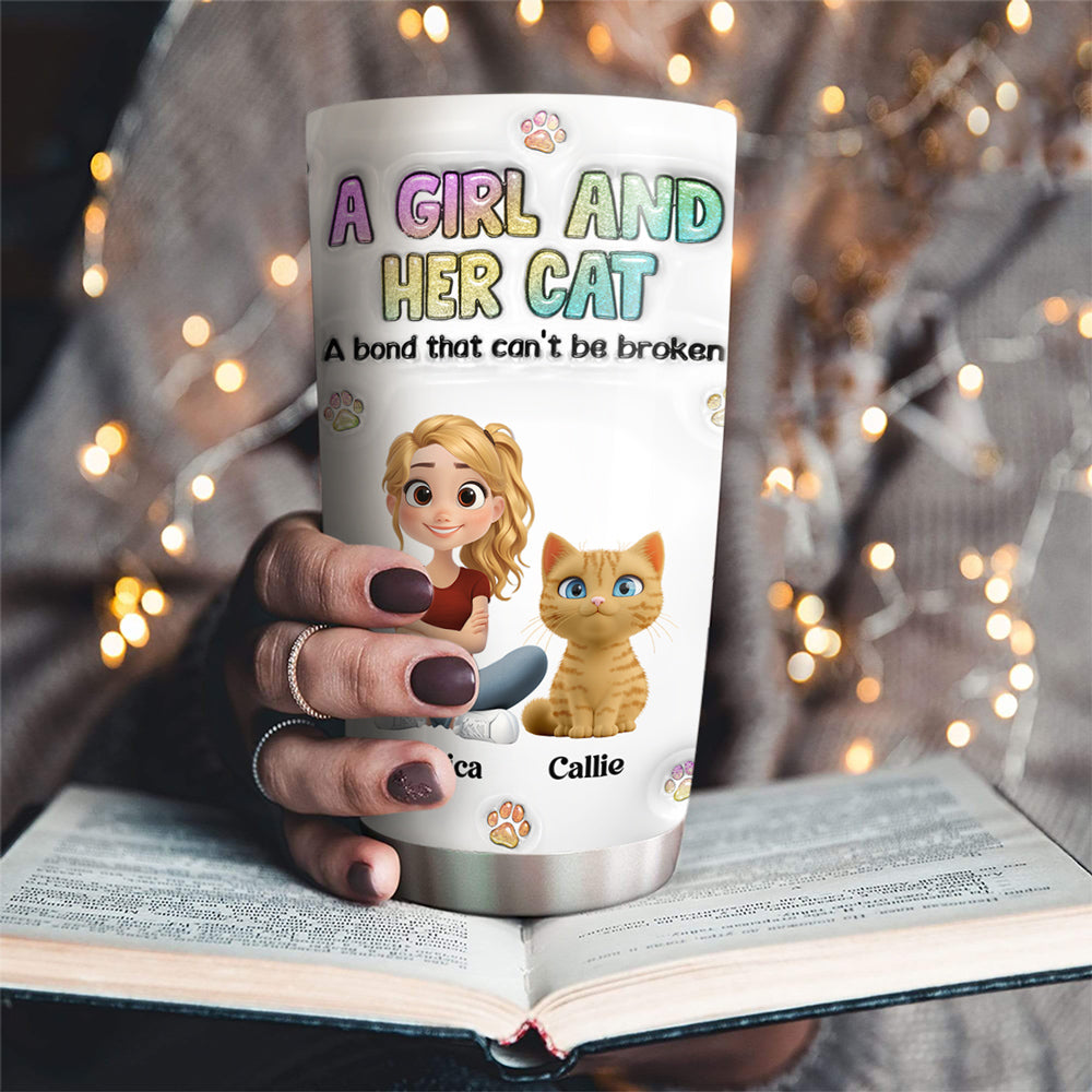 Personalized 3D Inflated Effect Tumbler: A Girl And Her Cat Design