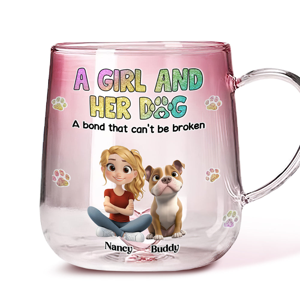 Personalized Pink Gradient Glass Mug: A Girl and Her Dog Tribute