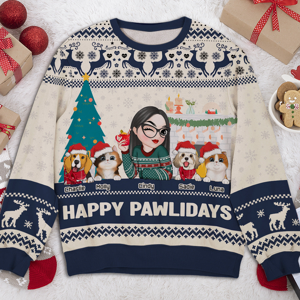 Personalized Happy Pawlidays Sweatshirt for Fur Moms - All-Over Print Design