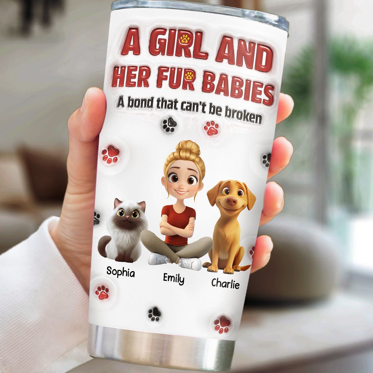 Personalized 3D Inflated Effect Tumbler - A Girl And Her Fur Babies Version 2