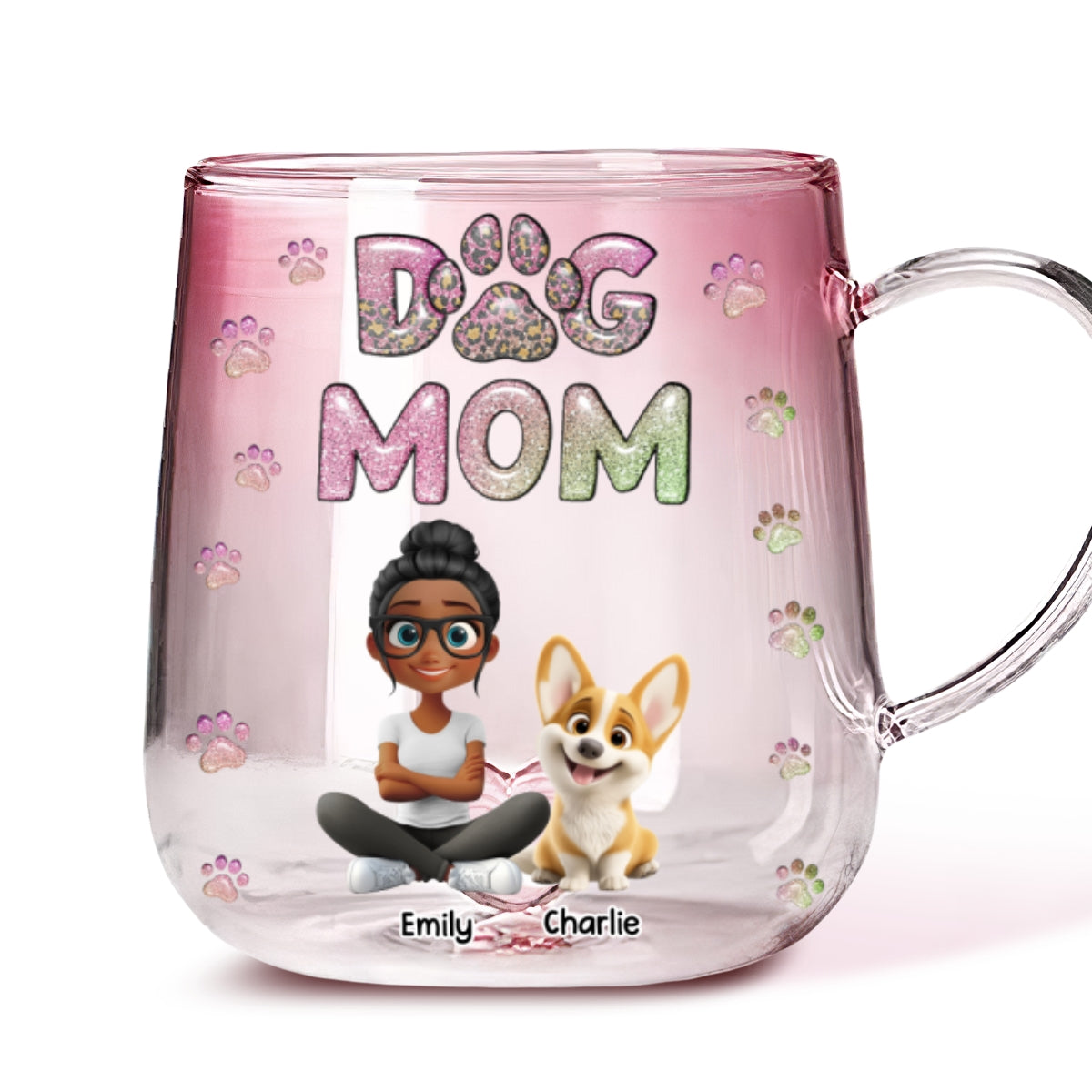Personalized Dog Mom Chibi Pink Gradient Glass Mug - A Lovely Gift