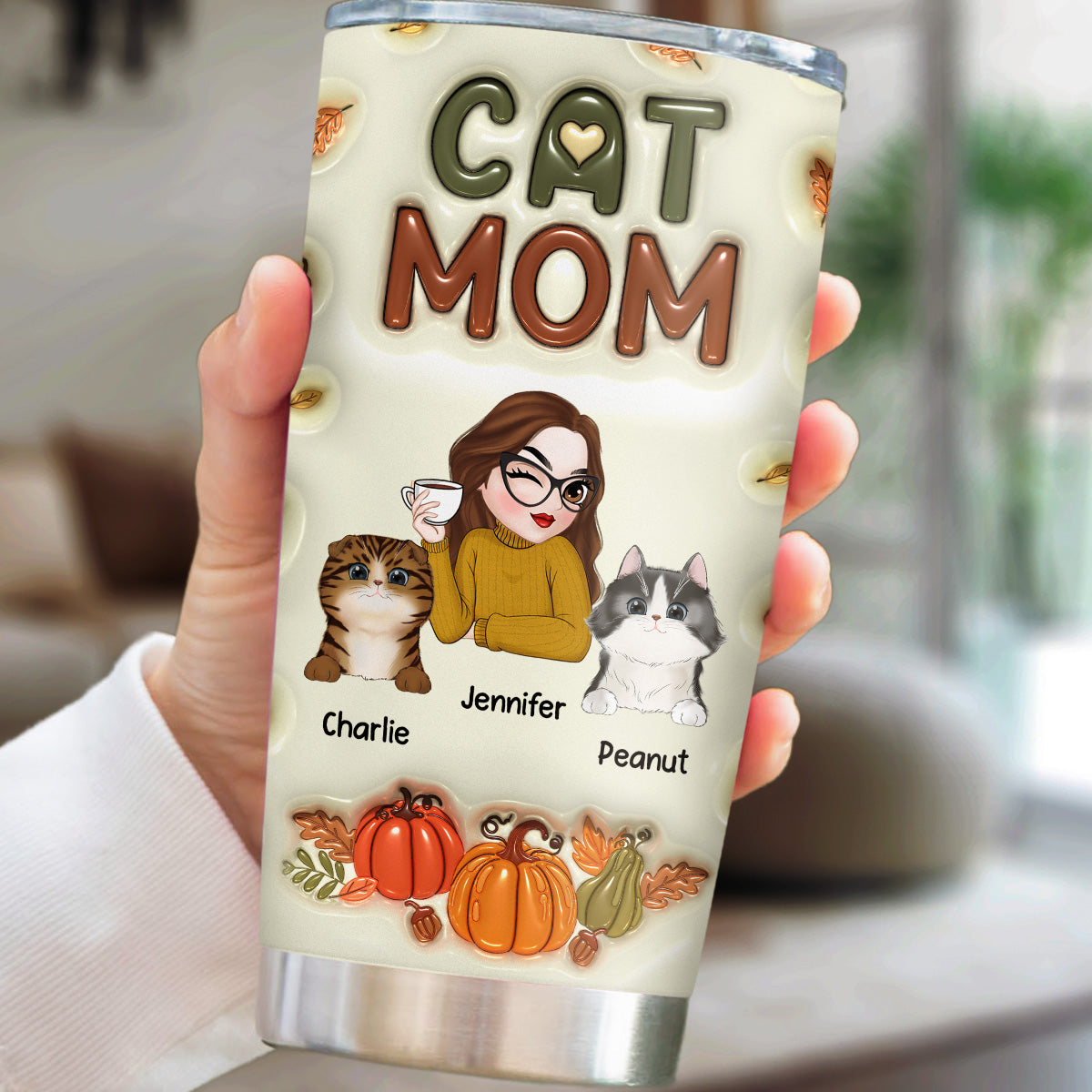 Autumn Edition Personalized 3D Inflated Effect Cat Mom Tumbler