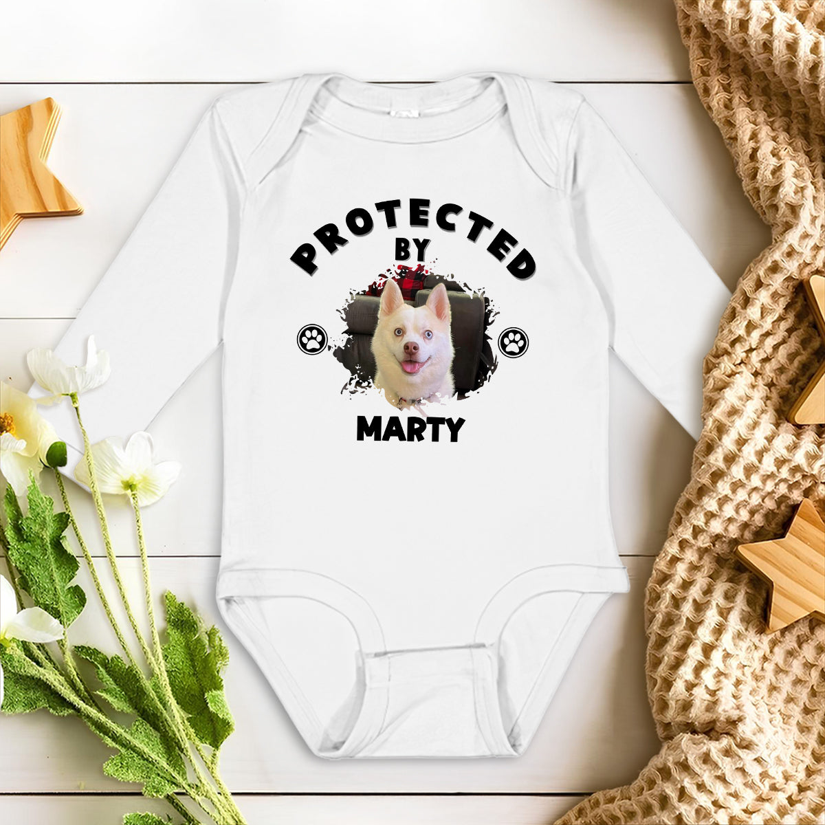 Personalized Custom Long Sleeve Baby Onesie with Human Protected By Dogs Photo