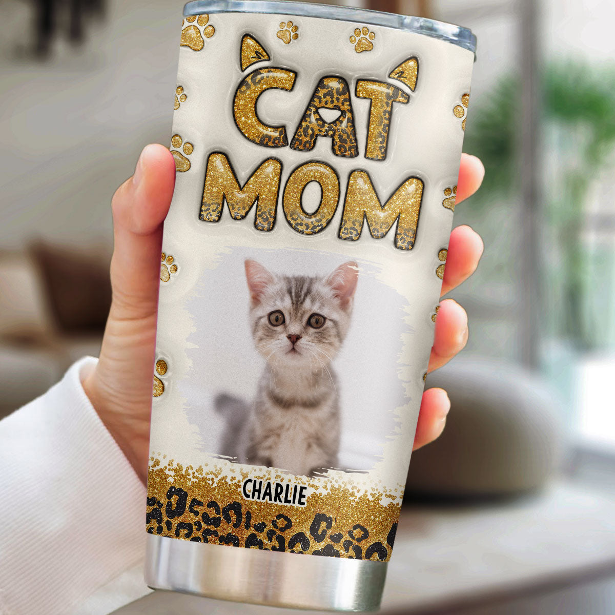 Personalized Cat Mom Leopard 3D Inflated Effect Stainless Steel Tumbler
