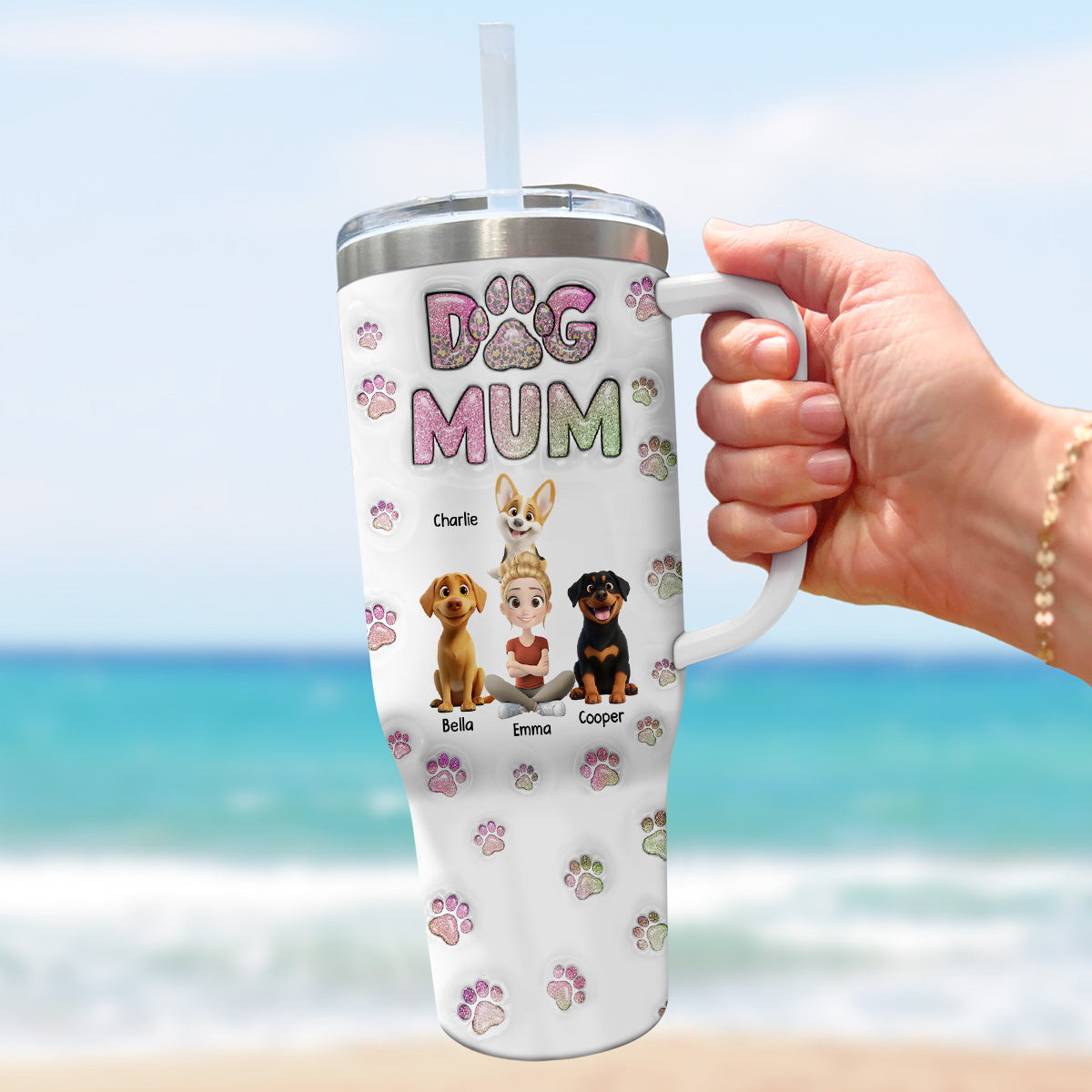 Personalized Dog Mom Chibi 3D Inflated Effect 40 Oz Stainless Steel Tumbler