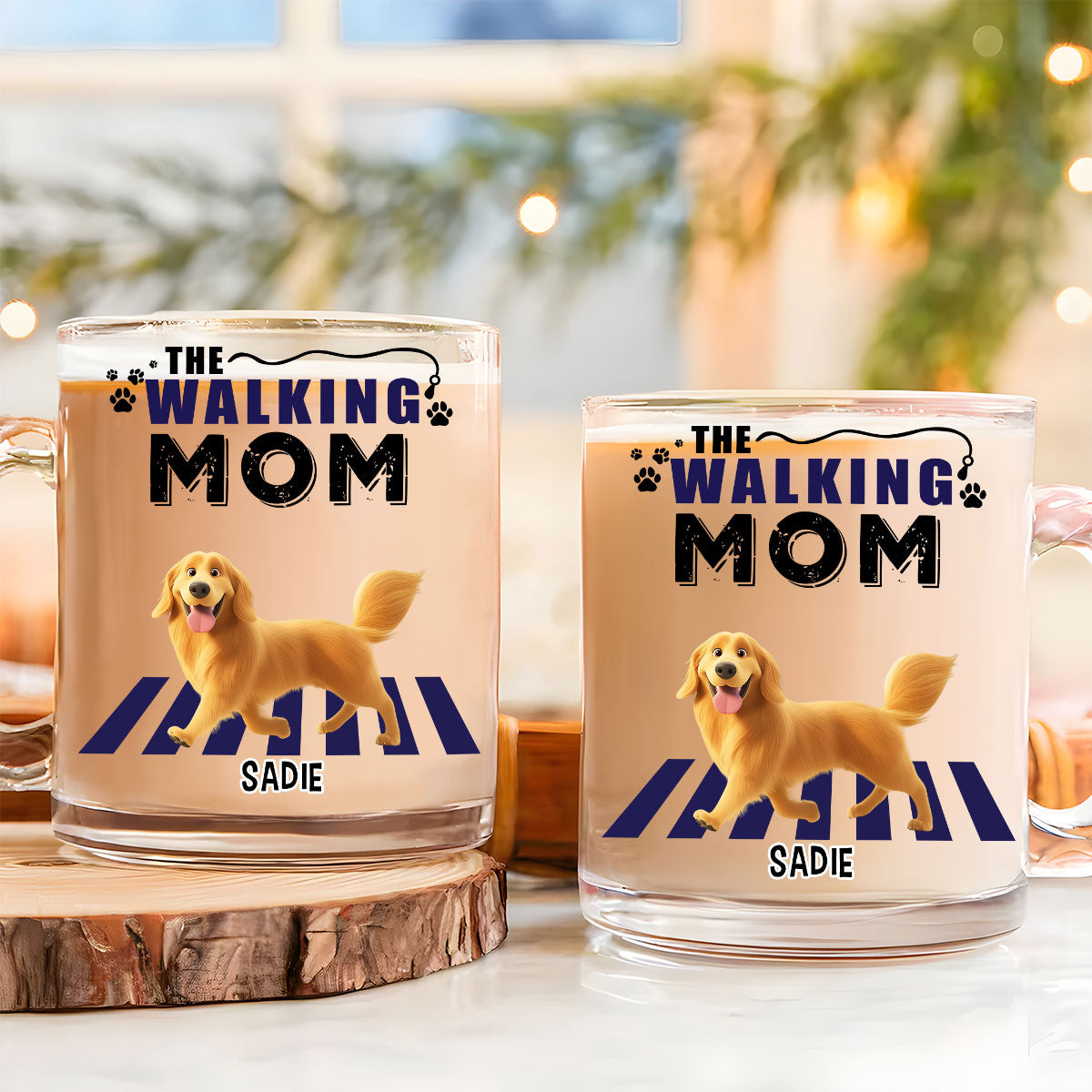 Personalized Custom Walking Mom Cartoon Glass Mug - Unique Gift Idea