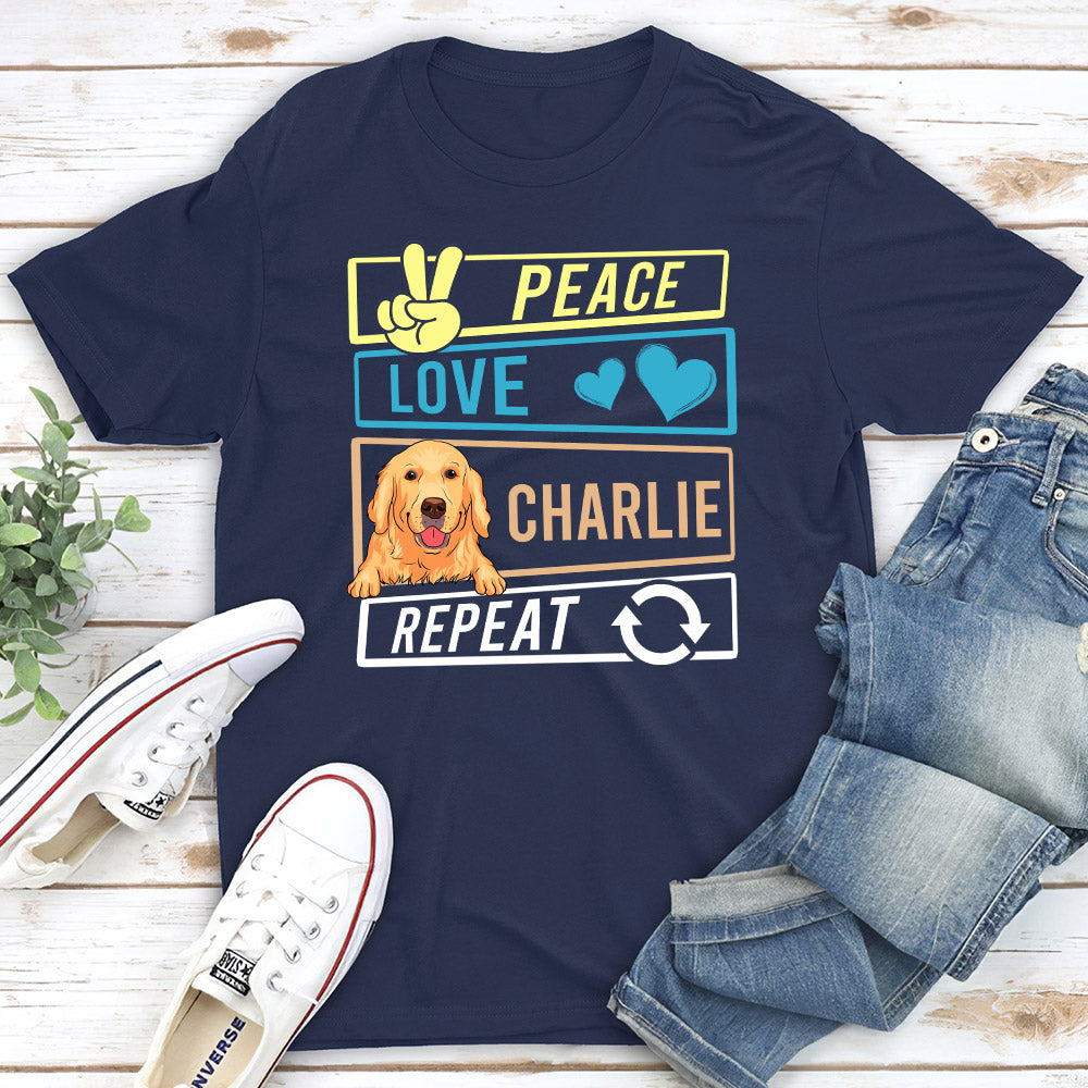 Personalized Unisex DOG PEACE LOVE AND REPEAT T-shirt - Ideal Gift for Pet Lovers