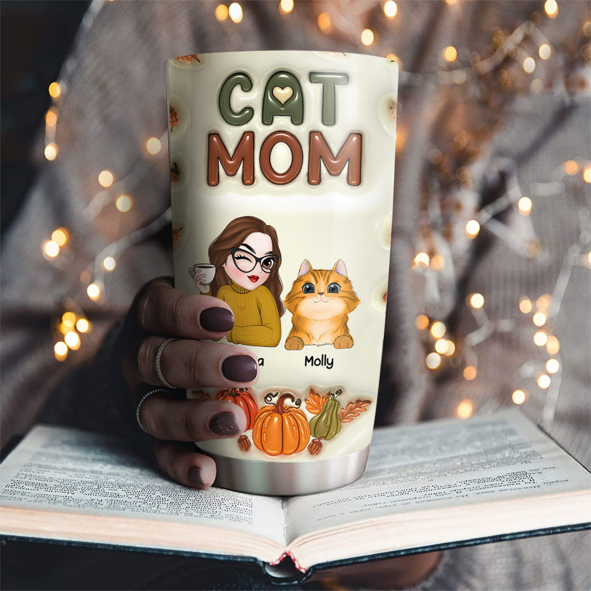 Autumn Edition Personalized 3D Inflated Effect Cat Mom Tumbler