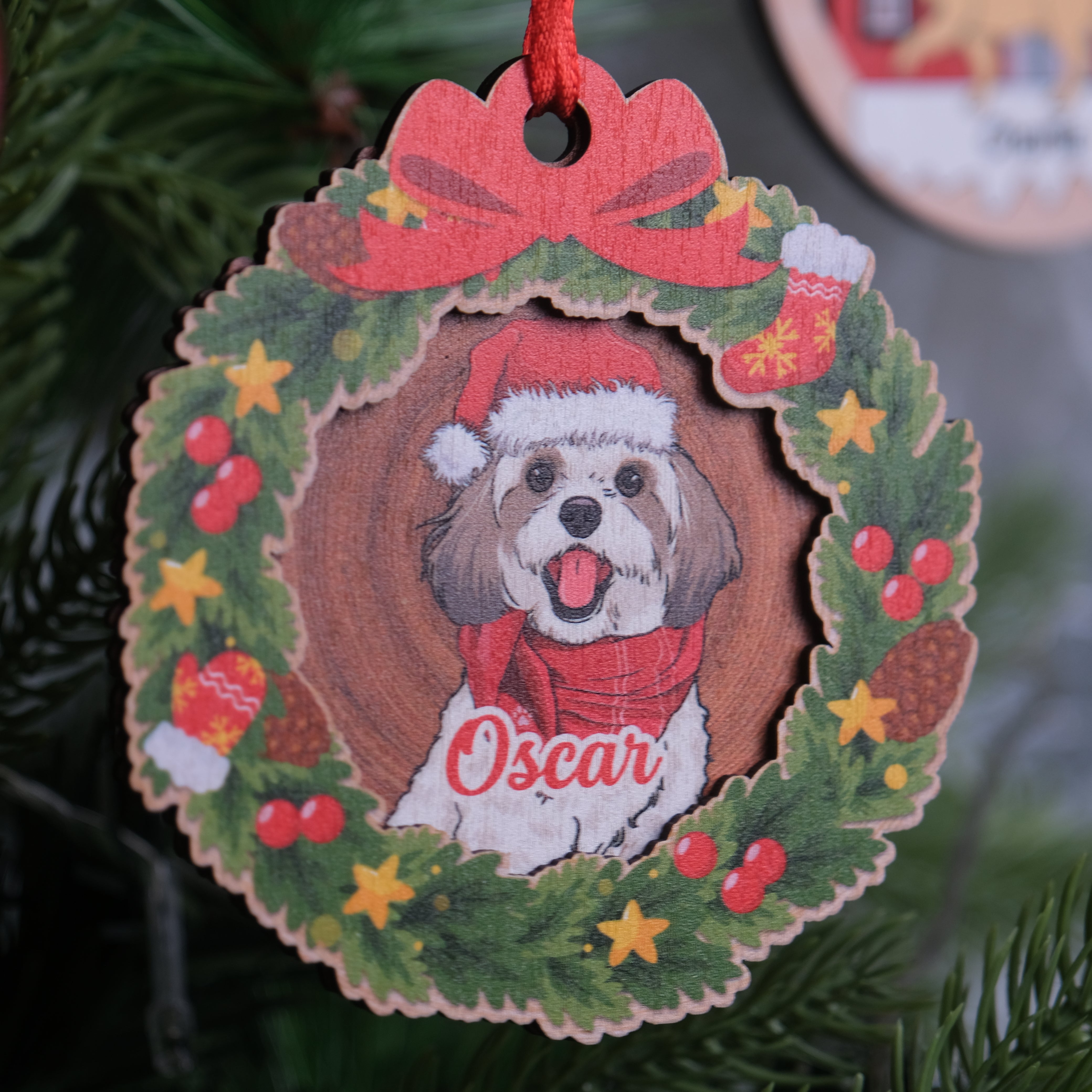 Personalized 2-Layered Custom Dog Wood Wreath Ornament for Christmas