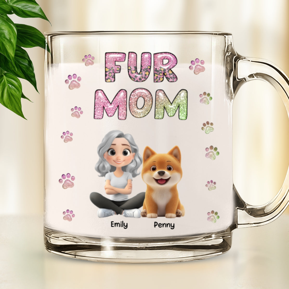 Personalized 3D Inflated Effect Glass Mug - Fur Mom Lovely Chibi Design