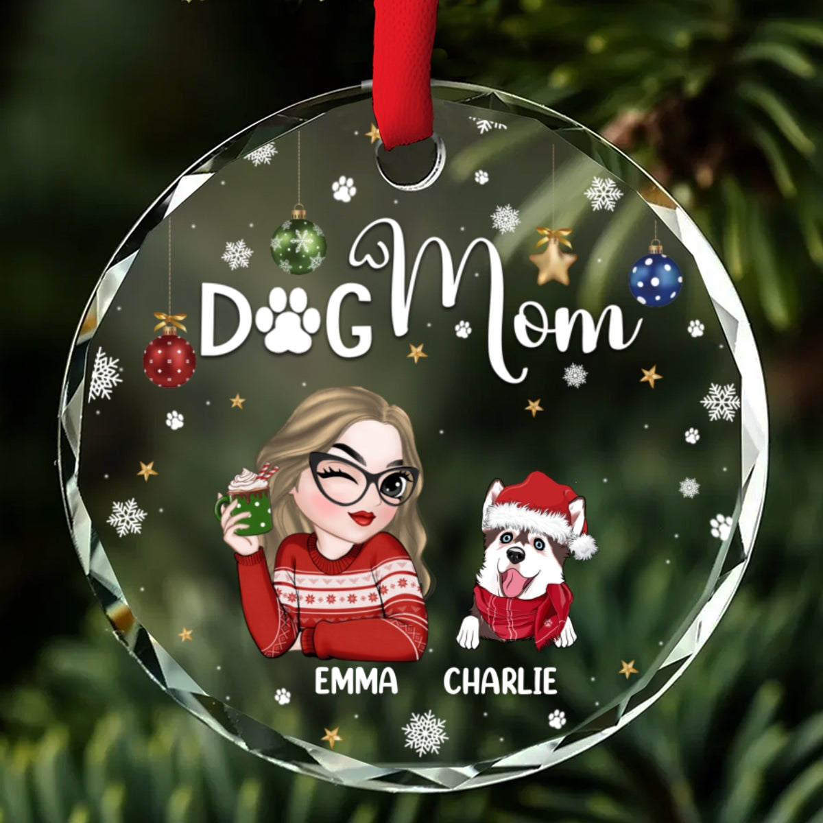 Customizable Dog Mom Glass Ornament - Perfect for Special Occasions