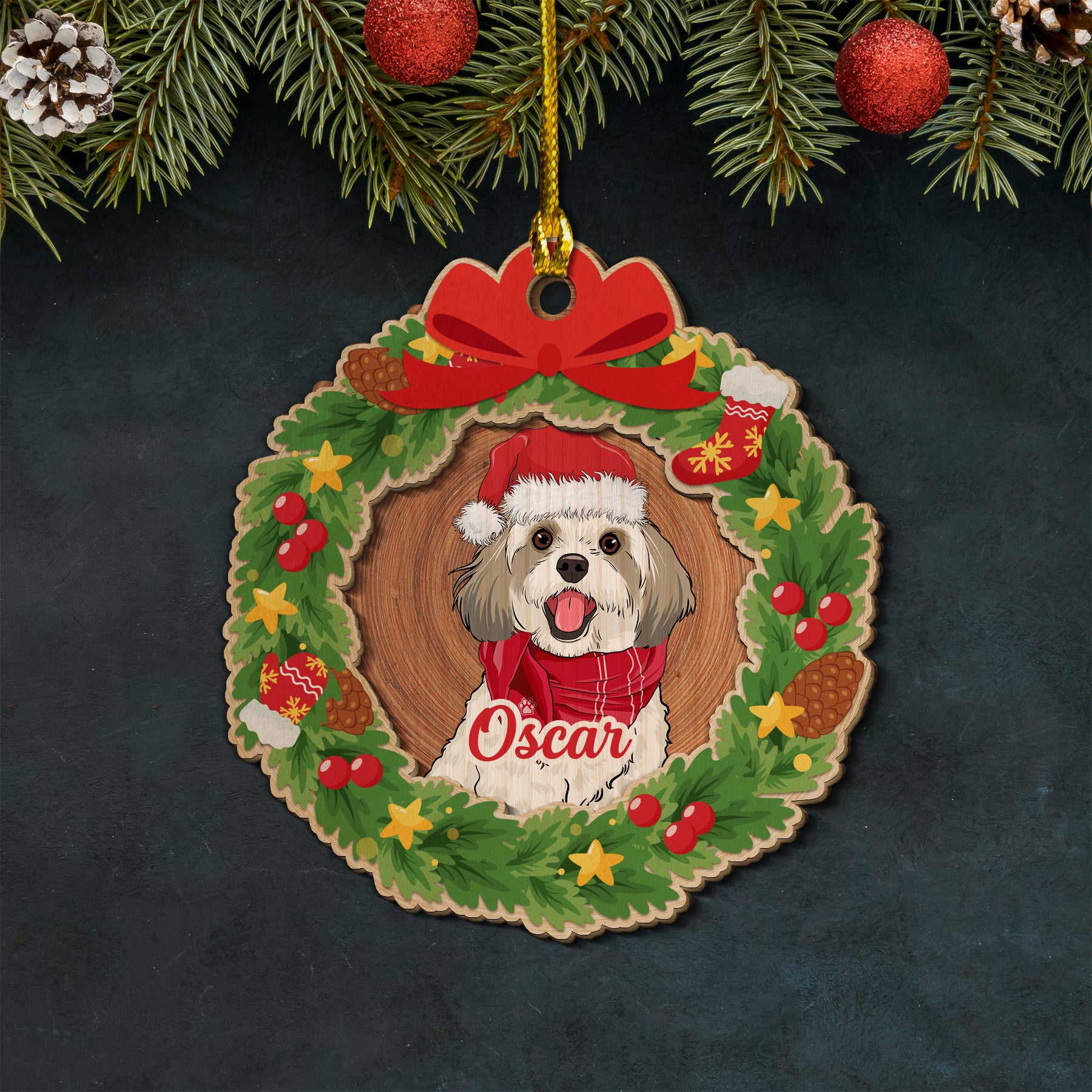 Personalized 2-Layered Custom Dog Wood Wreath Ornament for Christmas