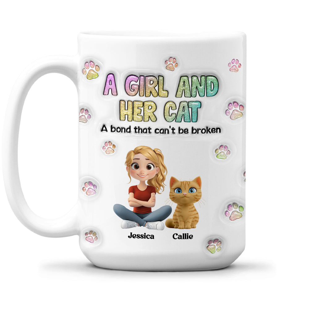 Personalized 3D Inflated Effect Mug: A Girl And Her Cat Design