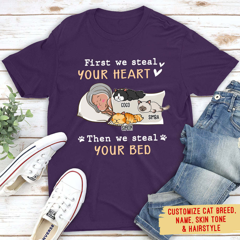 Personalized Unisex 'Cats Steal Your Heart & Bed' T-shirt - Ideal for Pet Lovers
