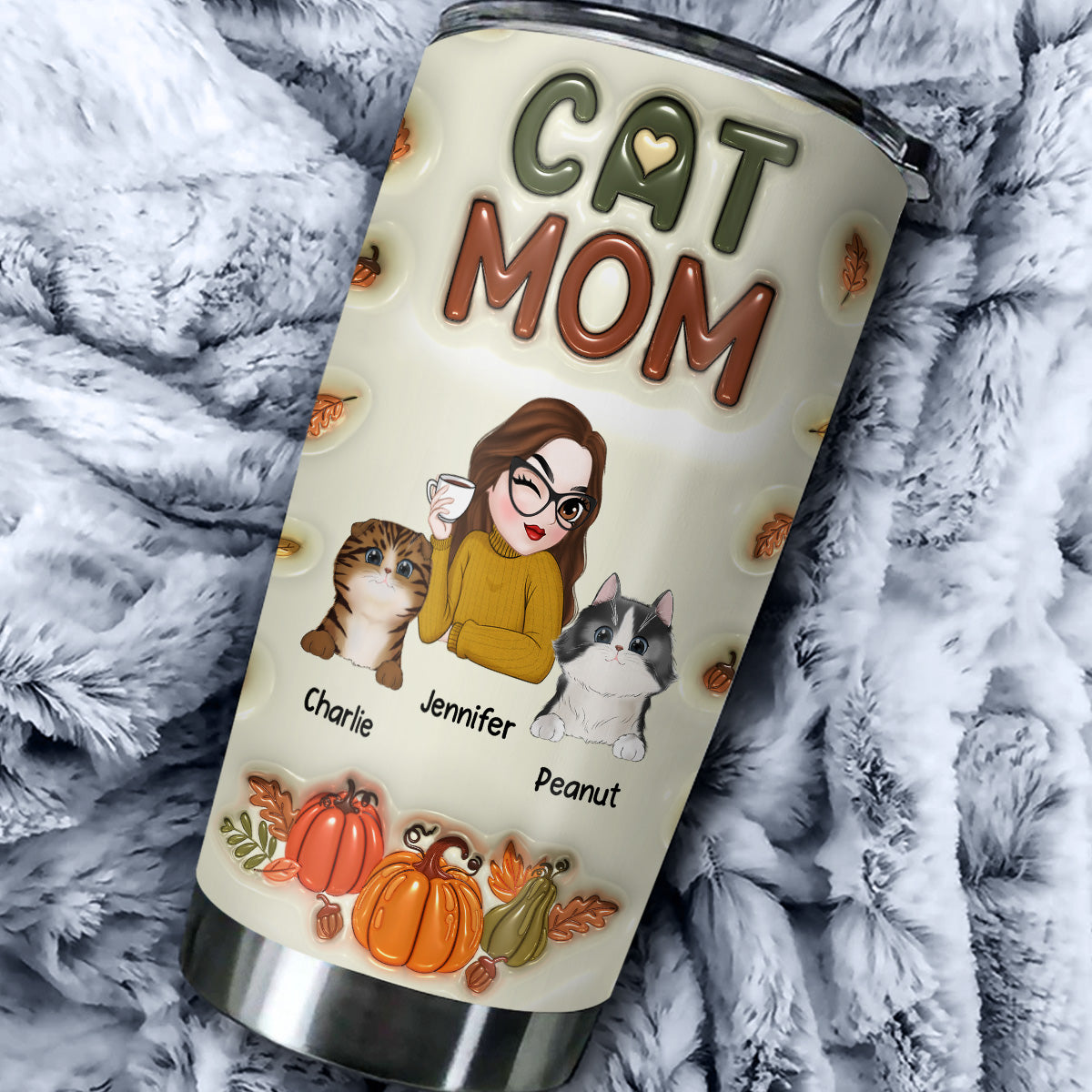 Autumn Edition Personalized 3D Inflated Effect Cat Mom Tumbler