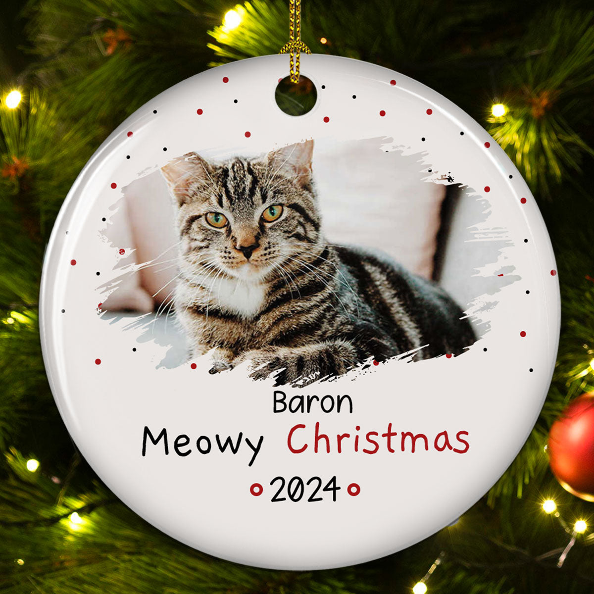 Meowy Personalized Custom Christmas Circle Ceramic Photo Ornament