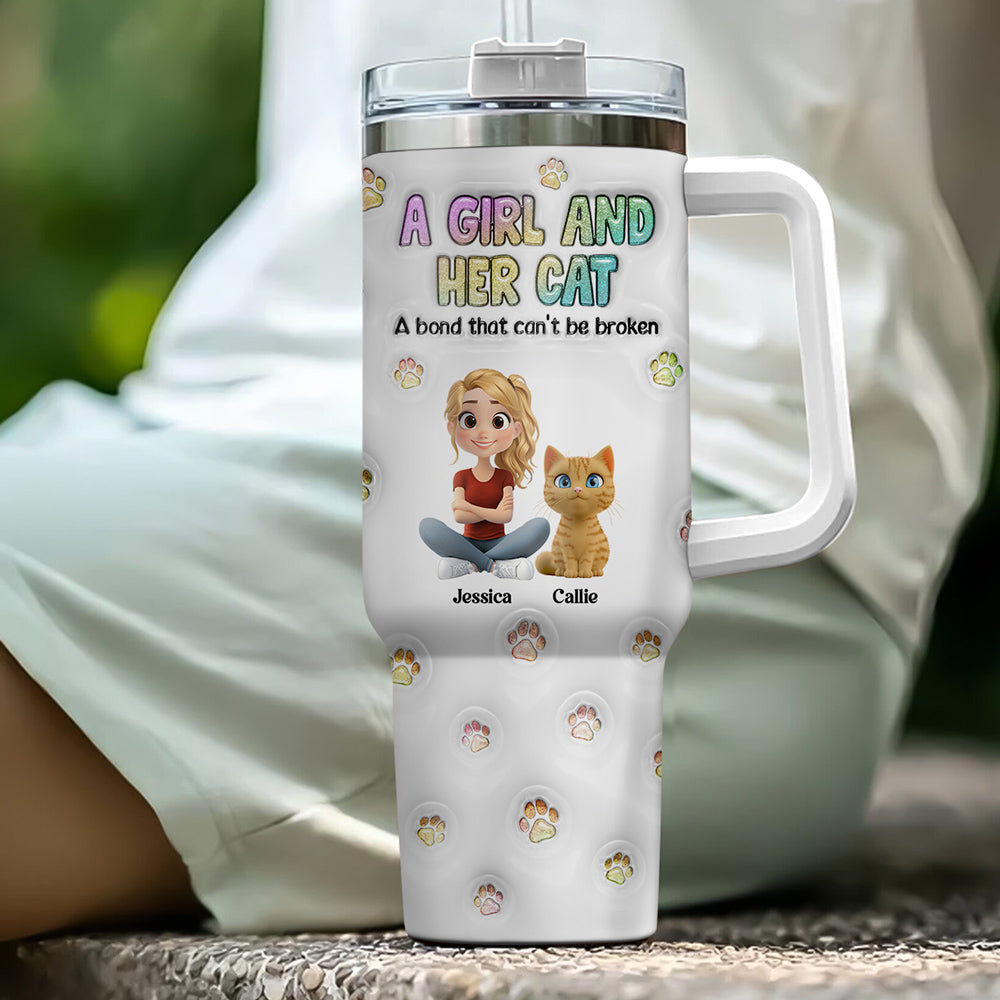 Personalized 3D Inflated Effect Tumbler: A Girl And Her Cat Design
