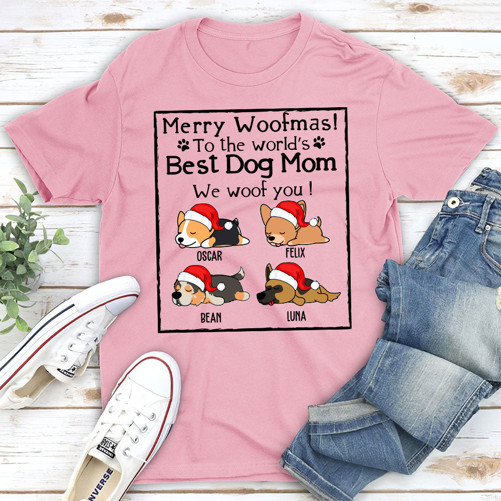 Personalized Woof Dog Dad Mom Christmas Unisex T-shirt - Ideal Gift for Pet Lovers