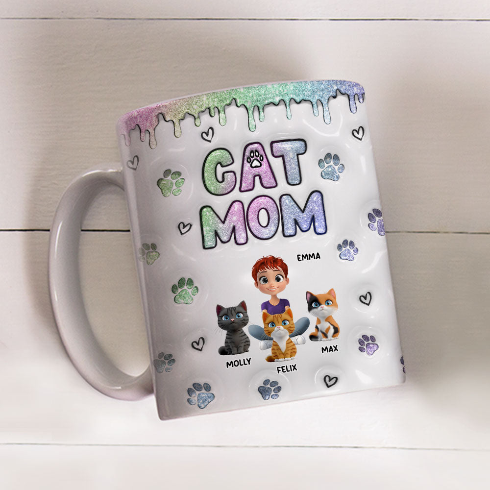 Customizable 3D Inflated Effect Lovely Chibi Cat Mom Mug - Personalized for a Unique Experience