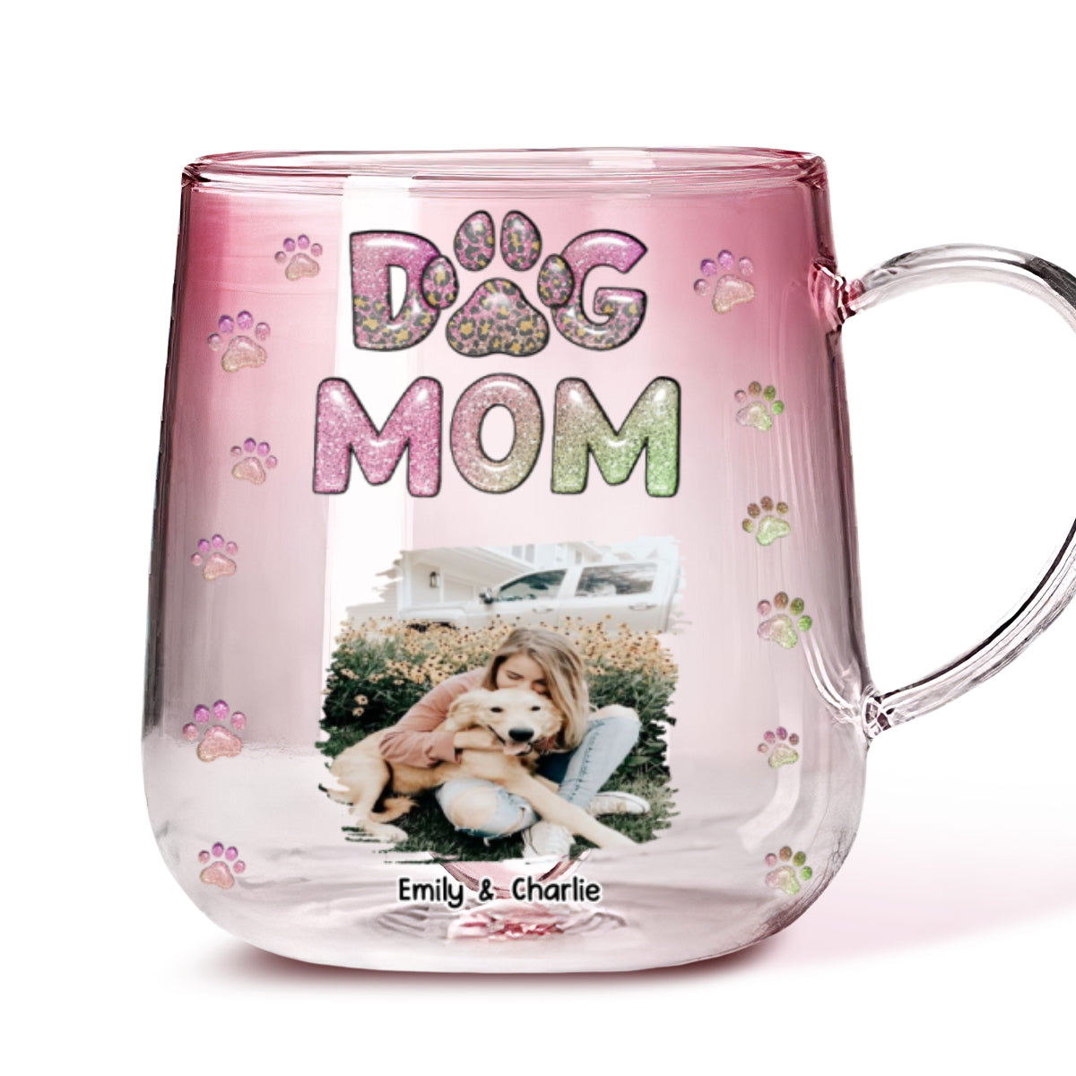 Personalized Dog Mom Chibi Pink Gradient Glass Mug - A Loving Keepsake