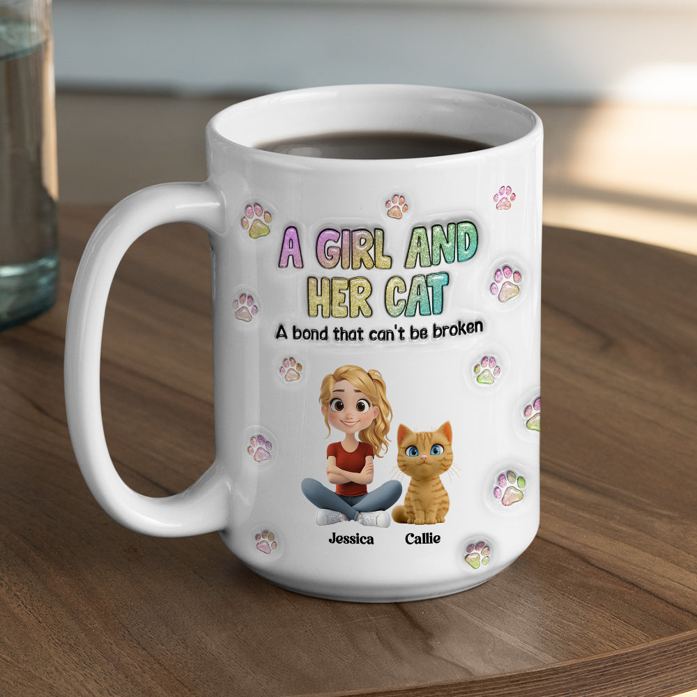 Personalized 3D Inflated Effect Mug: A Girl And Her Cat Design