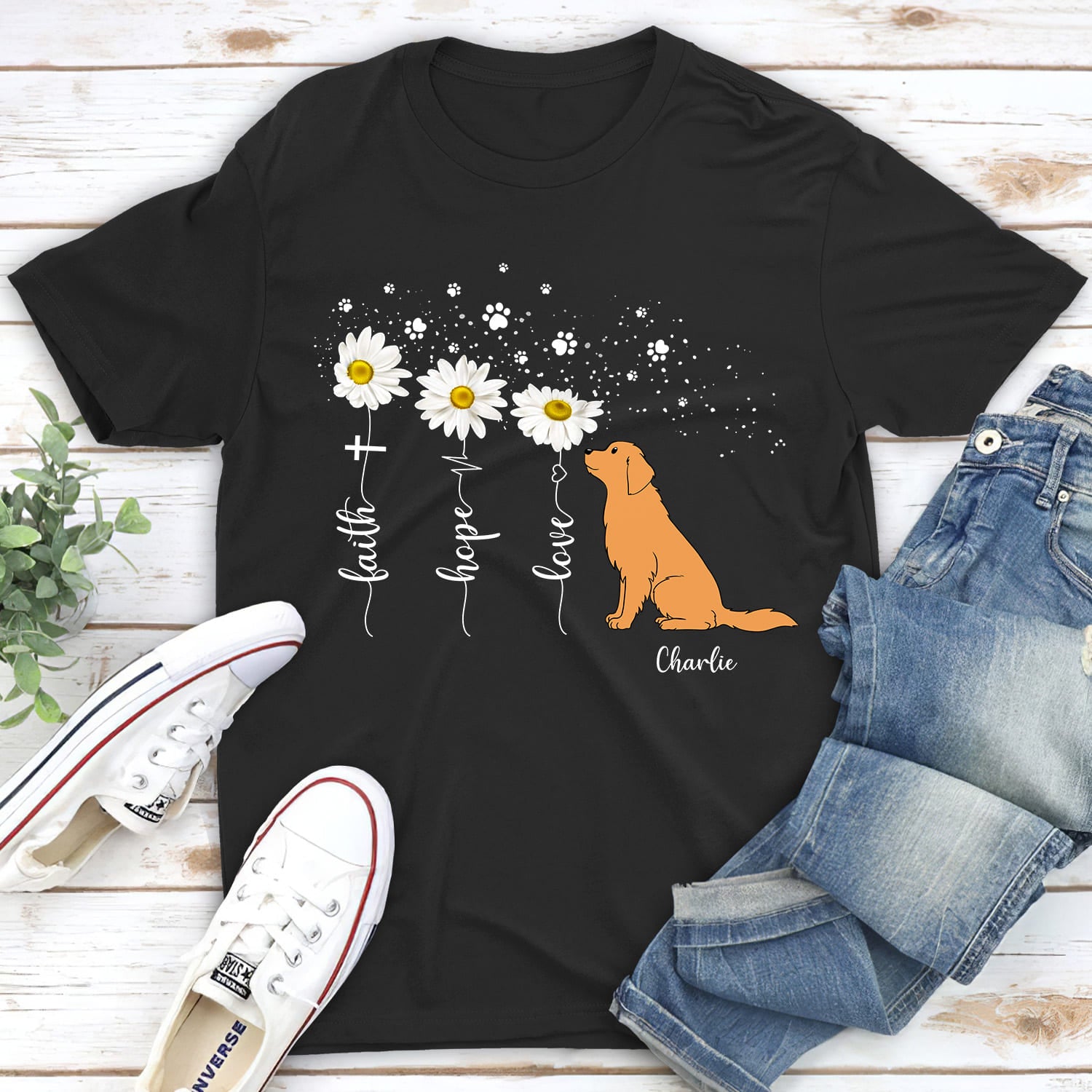Faith Hope Love Personalized Custom Unisex Pet Lover's Flower T-shirt
