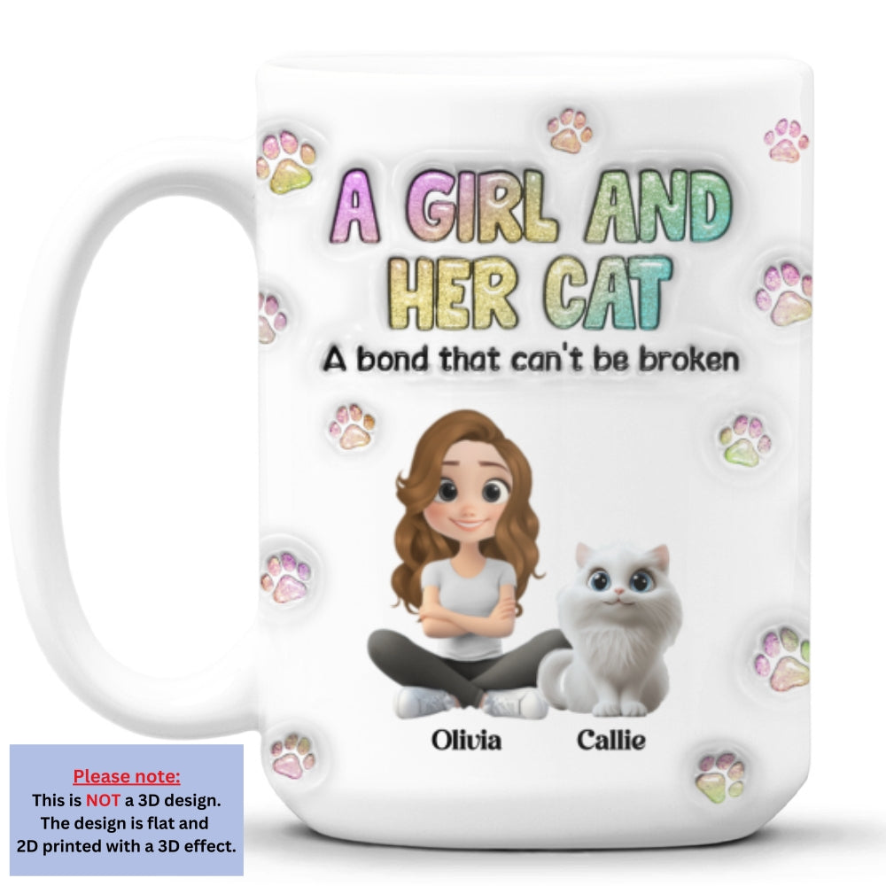 Personalized 3D Inflated Effect Mug: A Girl And Her Cat Design