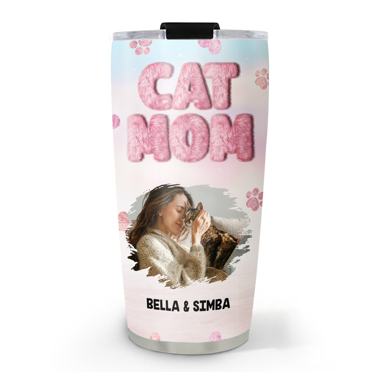 Personalized Fluffy Cat Mom Photo Tumbler - Customizable and Stylish