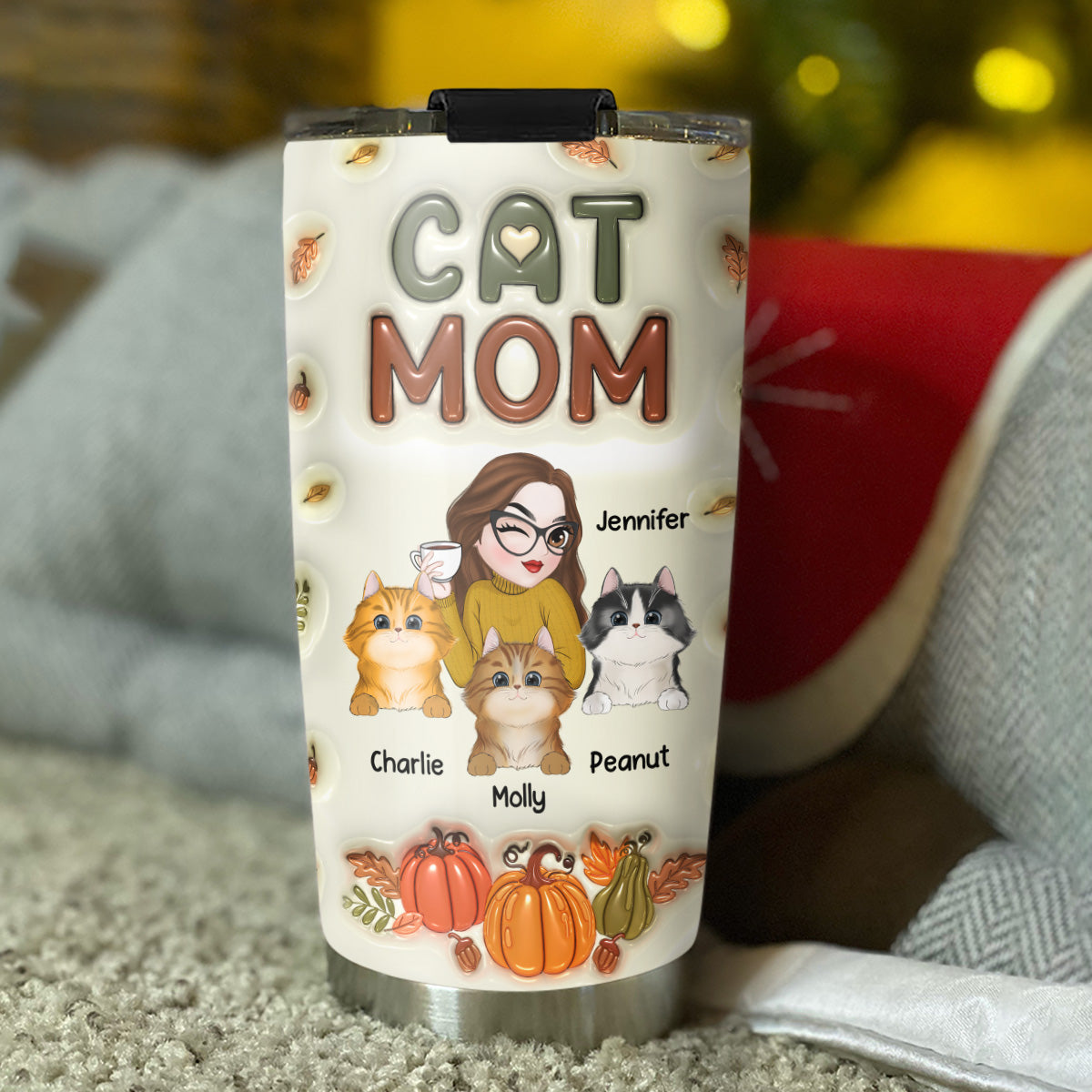 Autumn Edition Personalized 3D Inflated Effect Cat Mom Tumbler