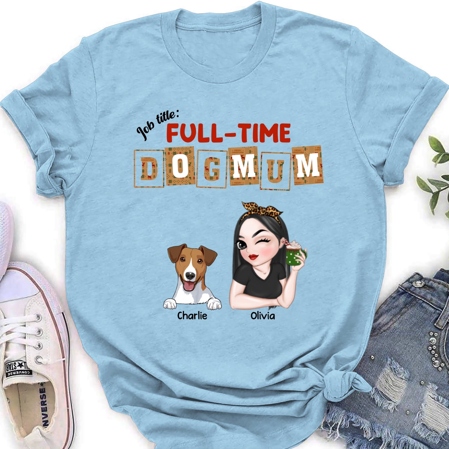 Personalized Full - Time Dog Mom & Dad Christmas Women's T - shirt