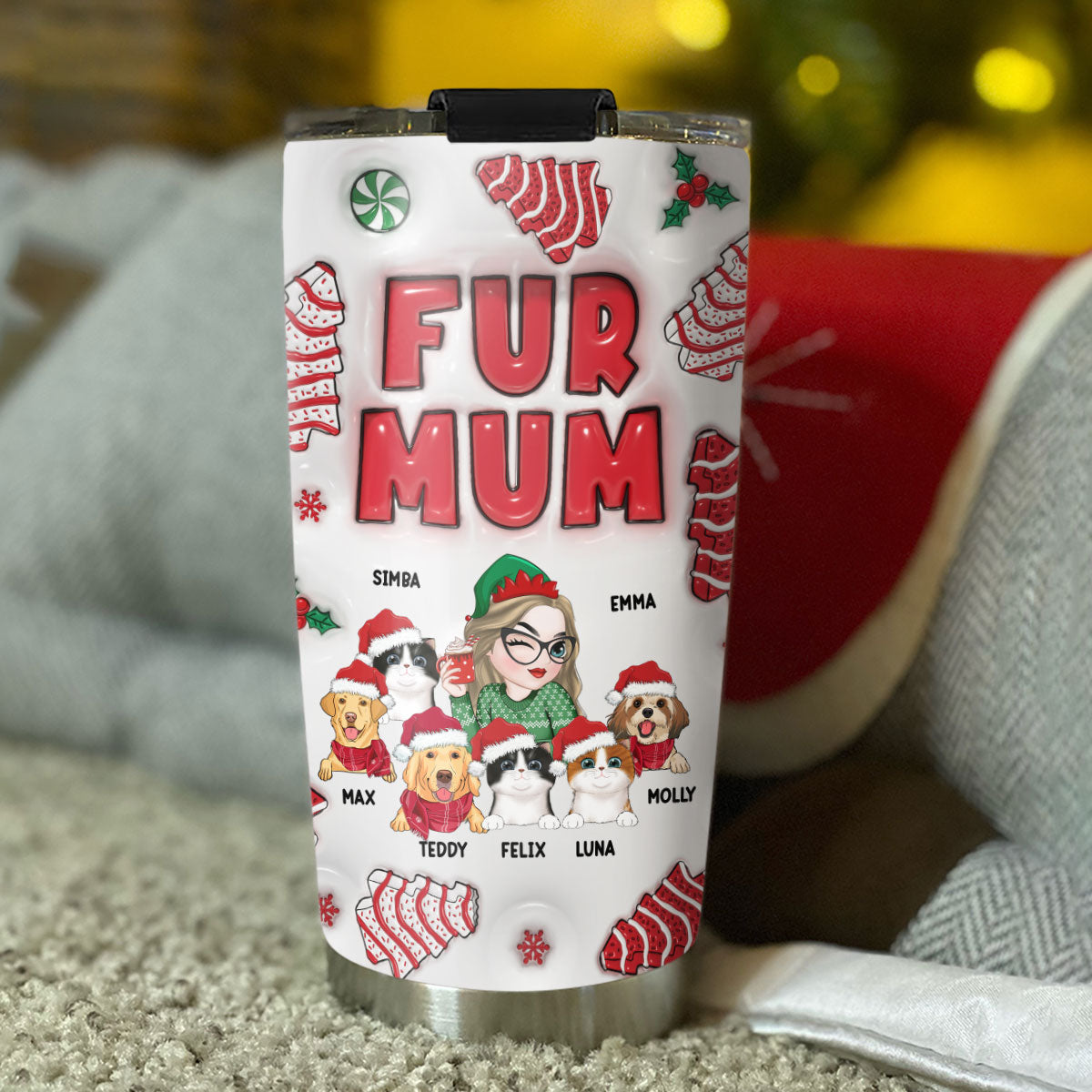 Personalized 3D Inflated Effect Pet Mom Christmas Tumbler - High - Quality Insulated Drinkware