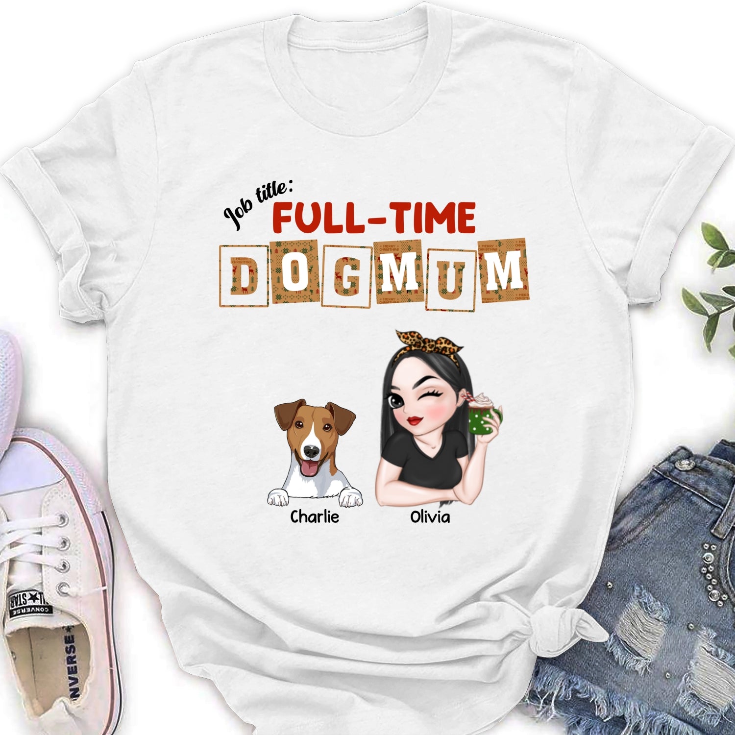 Personalized Full - Time Dog Mom & Dad Christmas Women's T - shirt