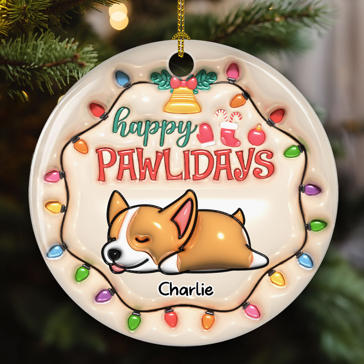 Happy Pawlidays - Customizable 3D Inflated Effect Personalized Ceramic Christmas Ornament